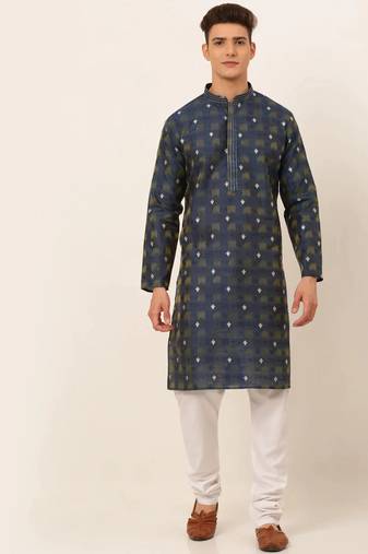Men blue embroidered blended cotton kurta pajama