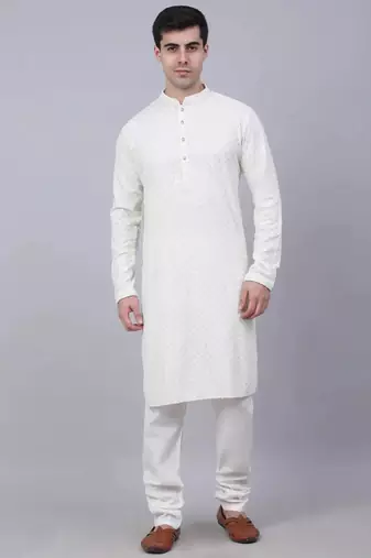 Men white embroidered viscose rayon kurta pajama