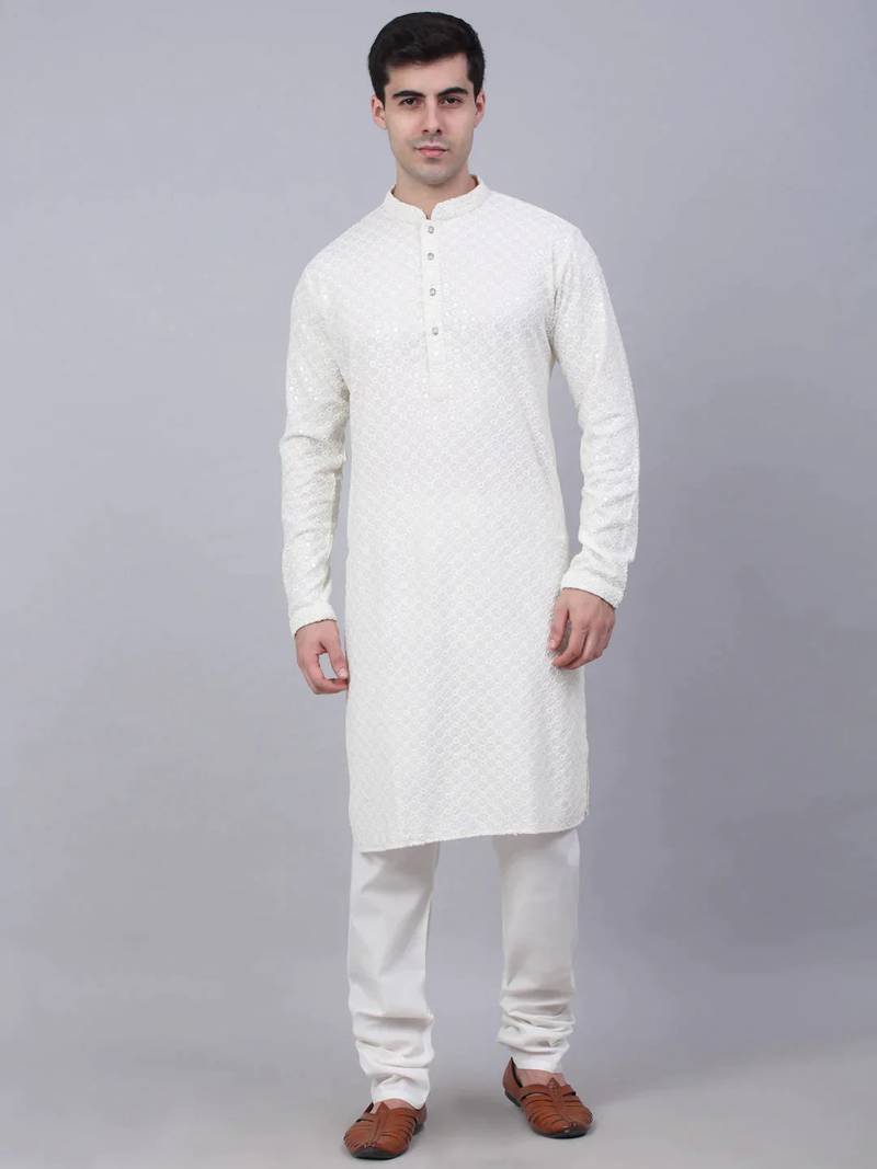 Men white embroidered viscose rayon kurta pajama