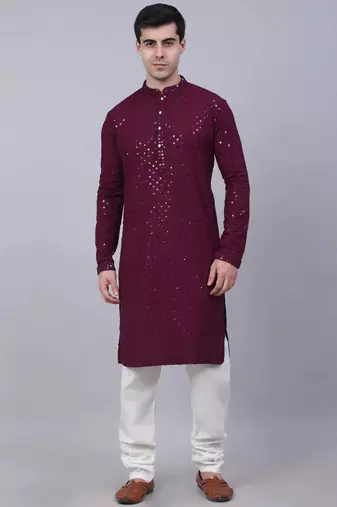 Men purple embroidered viscose rayon kurta pajama