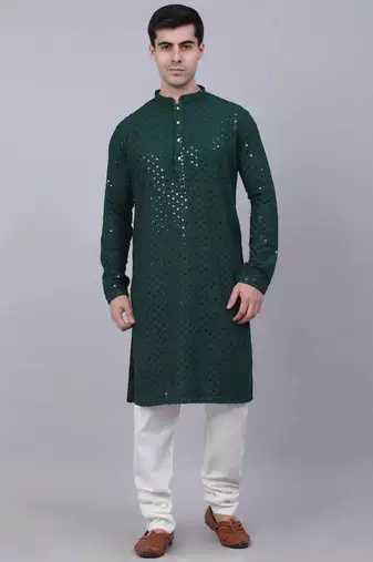 Men green embroidered viscose rayon kurta pajama