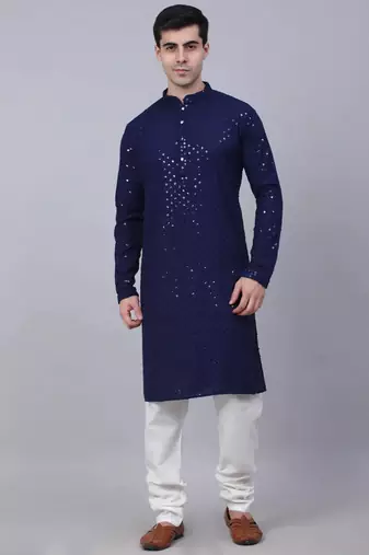 Men blue embroidered viscose rayon kurta pajama