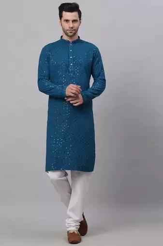 Men blue embroidered viscose rayon kurta pajama