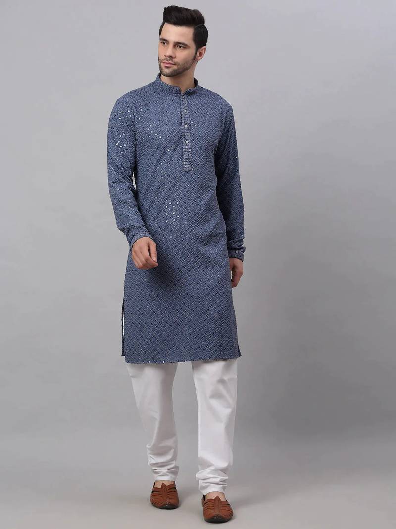Men grey embroidered viscose rayon kurta pajama
