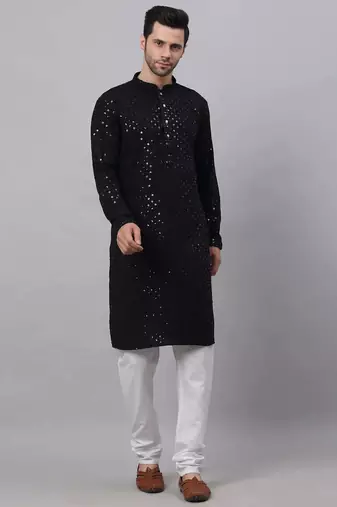 Men black embroidered viscose rayon kurta pajama