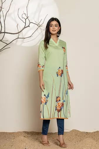  green silk blend digital print kurta