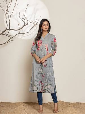  grey silk blend digital floral print kurta 1