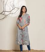  grey silk blend digital floral print kurta