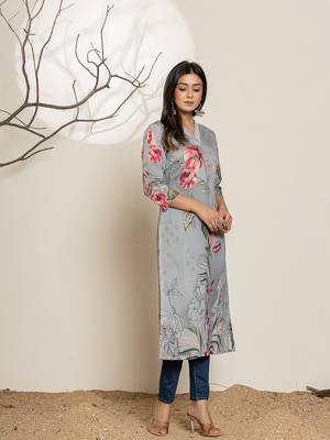  grey silk blend digital floral print kurta 2