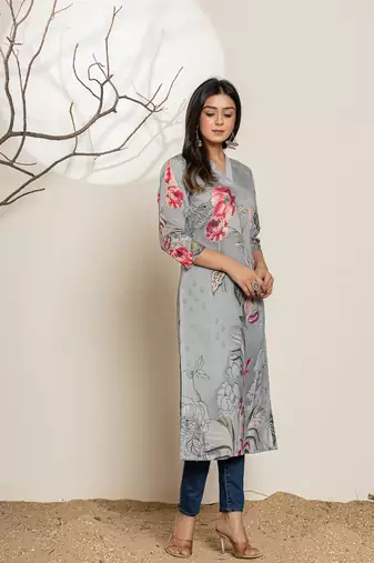  grey silk blend digital floral print kurta
