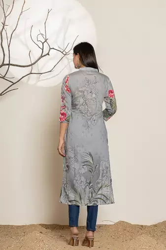  grey silk blend digital floral print kurta