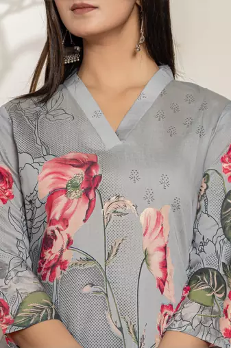  grey silk blend digital floral print kurta