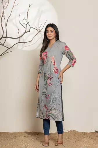  grey silk blend digital floral print kurta