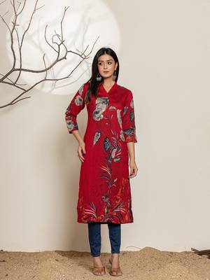  maroon silk blend digital floral print kurta 1