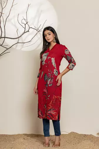  maroon silk blend digital floral print kurta