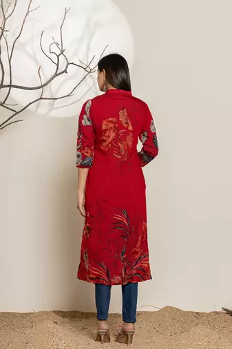  maroon silk blend digital floral print kurta