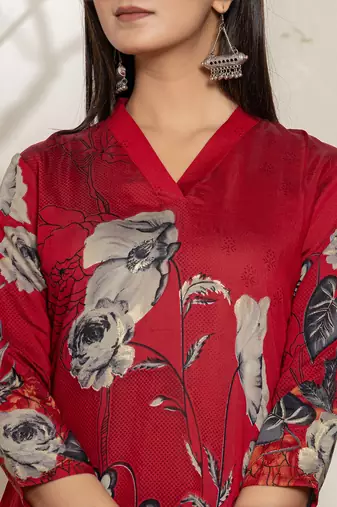  maroon silk blend digital floral print kurta