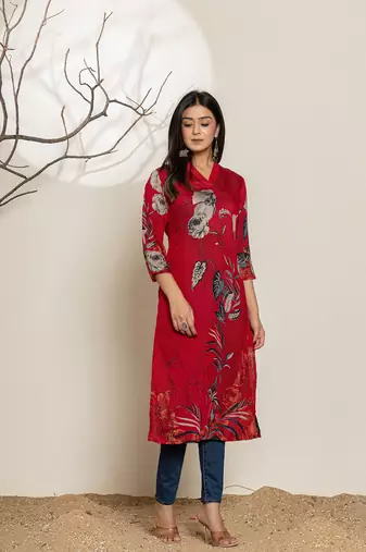  maroon silk blend digital floral print kurta