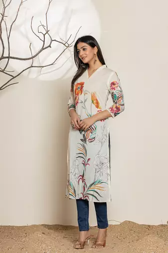  white silk blend digital floral print kurta