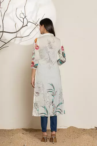  white silk blend digital floral print kurta