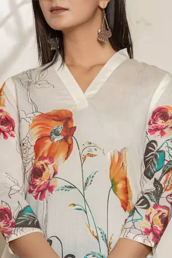  white silk blend digital floral print kurta