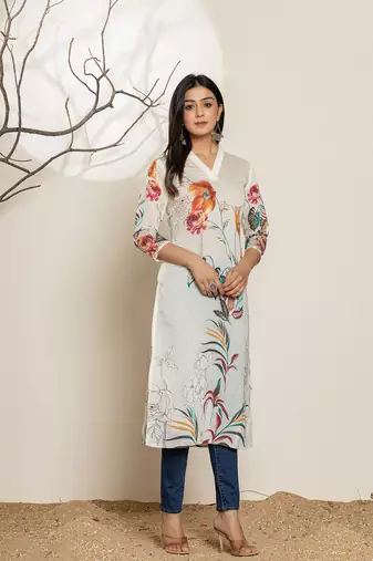  white silk blend digital floral print kurta