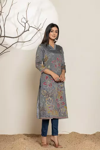  grey silk blend digital print kurta