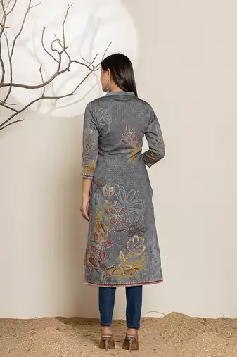  grey silk blend digital print kurta