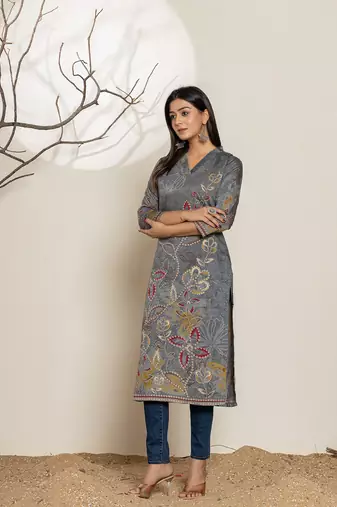  grey silk blend digital print kurta