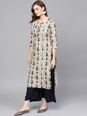  beige & navy blue printed pure cotton kurta 2