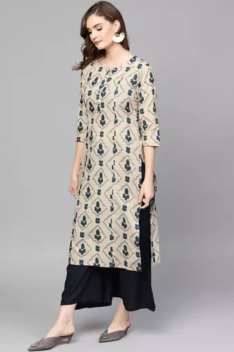  beige & navy blue printed pure cotton kurta