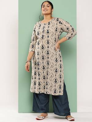  beige & navy blue printed pure cotton plus size kurta 1