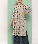  beige & navy blue printed pure cotton plus size kurta