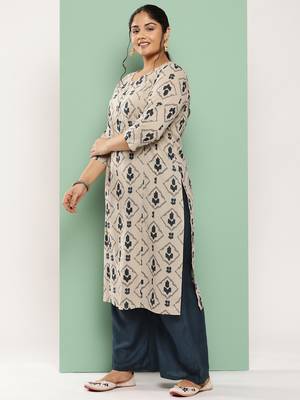  beige & navy blue printed pure cotton plus size kurta 2