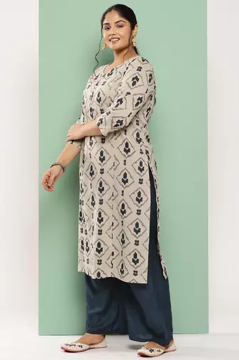  beige & navy blue printed pure cotton plus size kurta