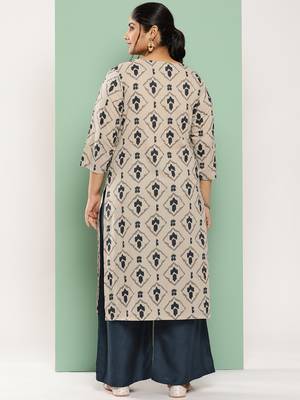  beige & navy blue printed pure cotton plus size kurta 3