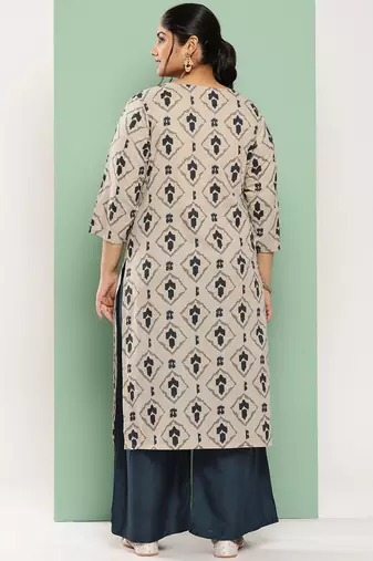  beige & navy blue printed pure cotton plus size kurta