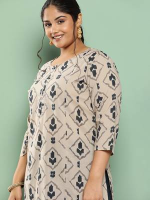  beige & navy blue printed pure cotton plus size kurta 4