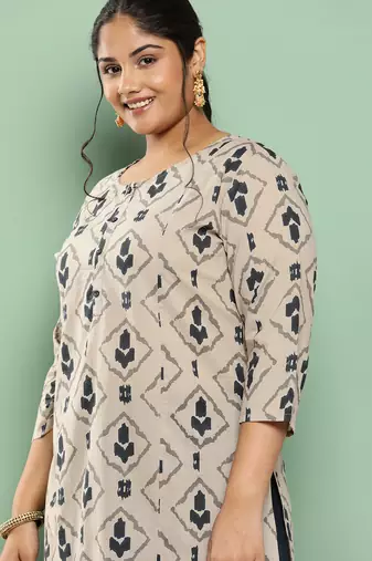  beige & navy blue printed pure cotton plus size kurta
