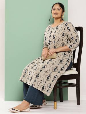  beige & navy blue printed pure cotton plus size kurta 5