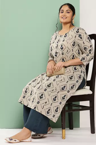  beige & navy blue printed pure cotton plus size kurta
