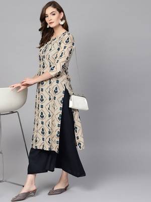  beige & navy blue printed pure cotton kurta 5