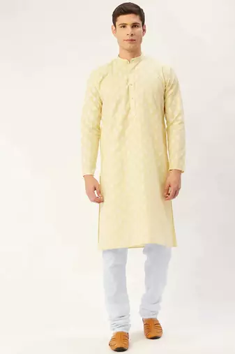 Men yellow printed cotton kurta pajama
