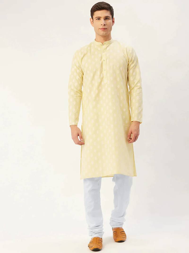 Men yellow printed cotton kurta pajama