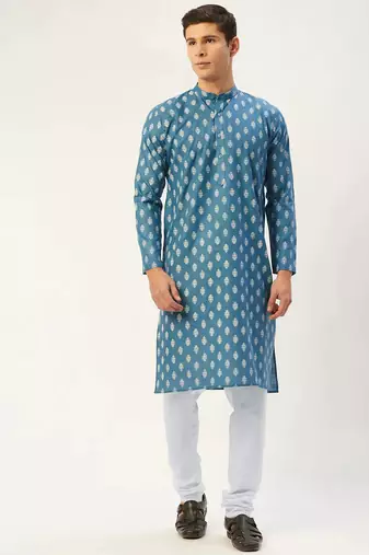 Men green printed cotton kurta pajama