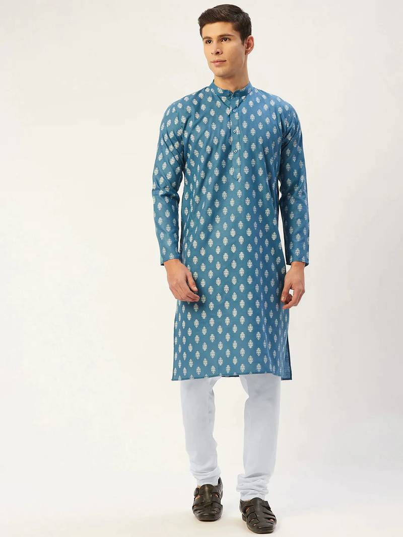 Men green printed cotton kurta pajama