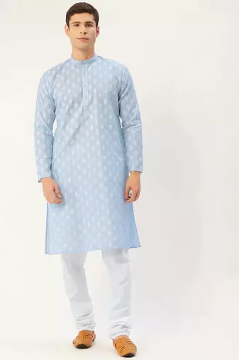 Men blue printed cotton kurta pajama