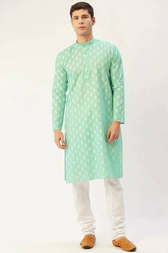 Men green printed cotton kurta pajama