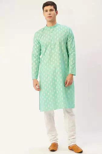 Men green printed cotton kurta pajama