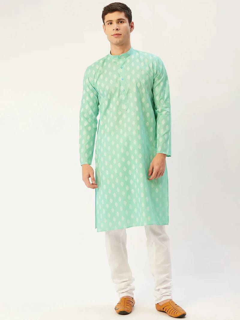 Men green printed cotton kurta pajama